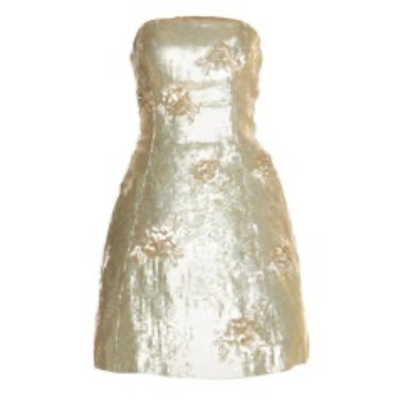 Oscar de la Renta Matte Gold Sequin Embellished Strapless Mini Dress size  8, 10 - threedaughtersproperties.com